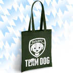 Green tote bag with 'TAILSFC Team Dog' logo on a light blue background