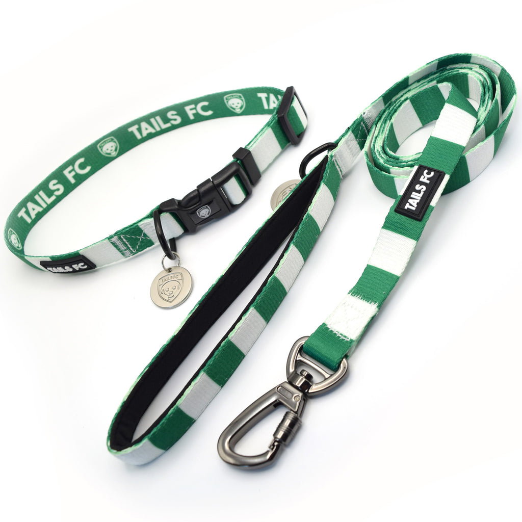 Hibernian Dog Set - Green & White Stripe Football Dog Collar and Leash Set