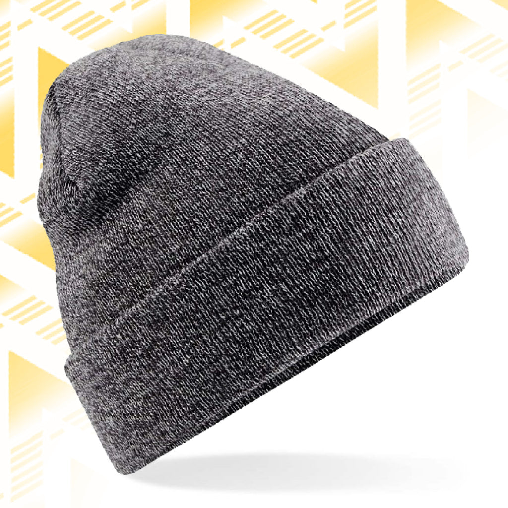 Tails FC Gray knit beanie on a white background with a yellow geometric pattern