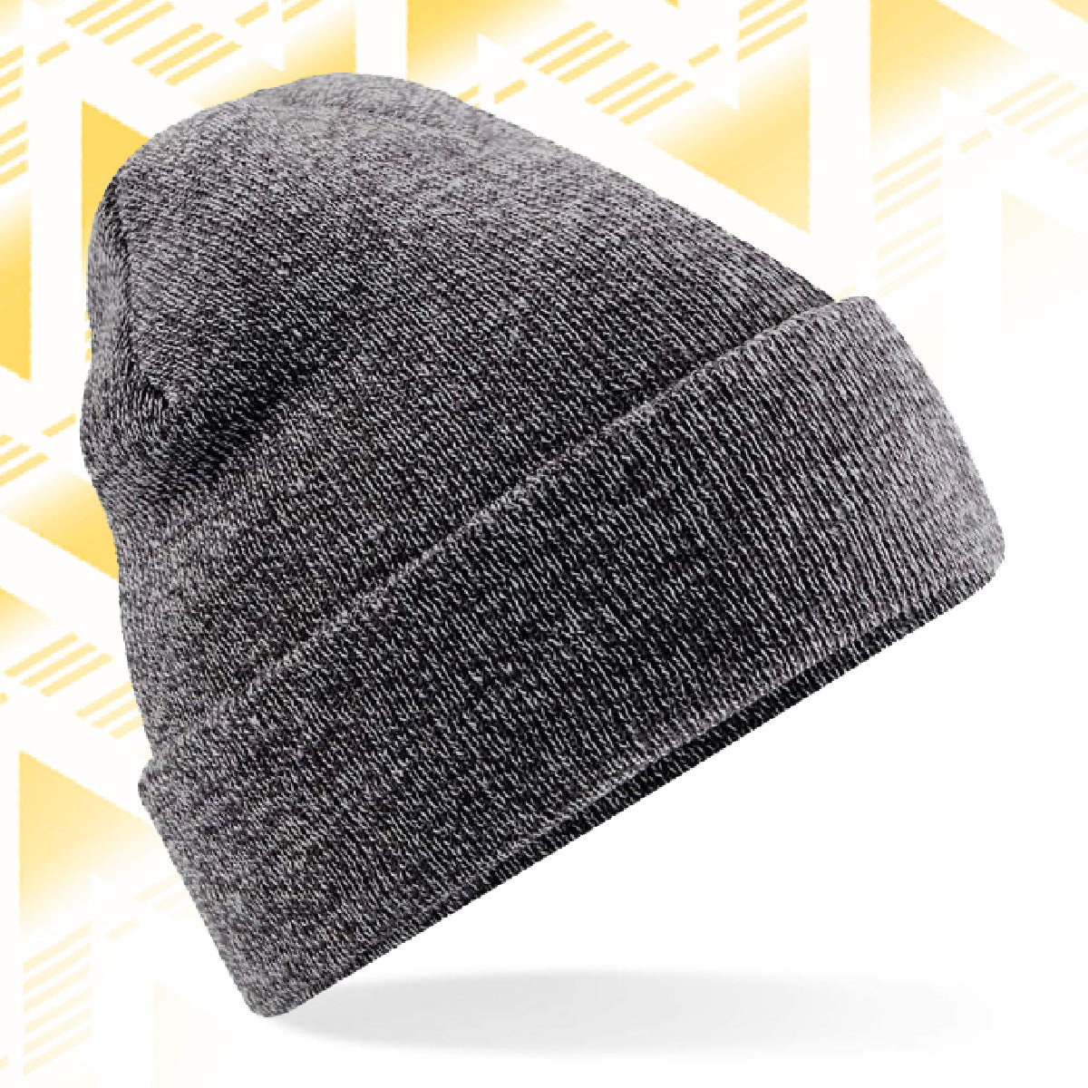 Tails FC Gray knit beanie on a white background with a yellow geometric pattern