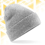 Tails FC Gray knit beanie on a white background with a yellow geometric pattern