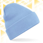 Tails FC Blue beanie on a white background with a yellow geometric pattern