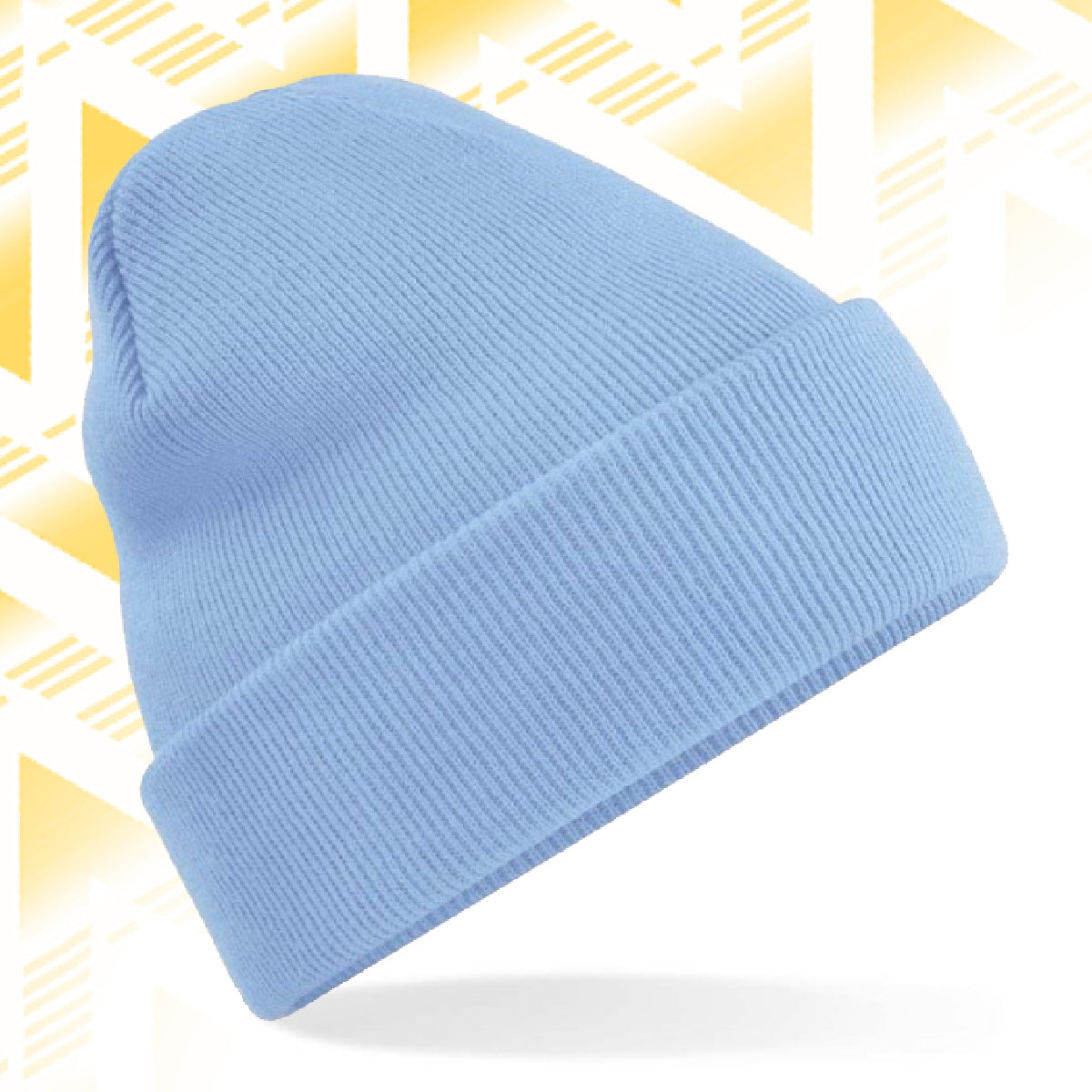 Tails FC Blue beanie on a white background with a yellow geometric pattern
