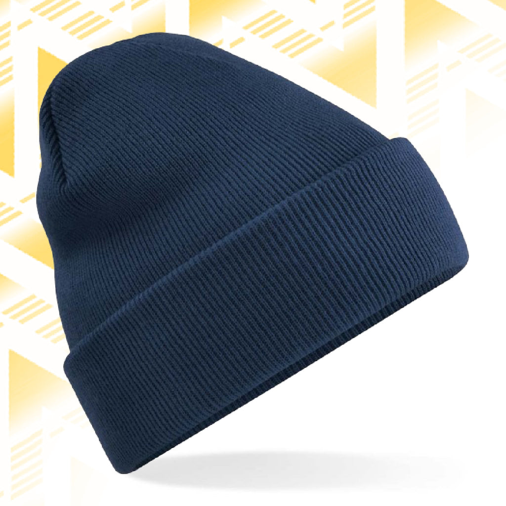 Tails FC Navy blue beanie on a white background with a yellow geometric pattern