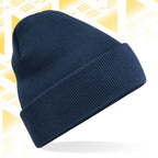 Tails FC Navy blue beanie on a white background with a yellow geometric pattern