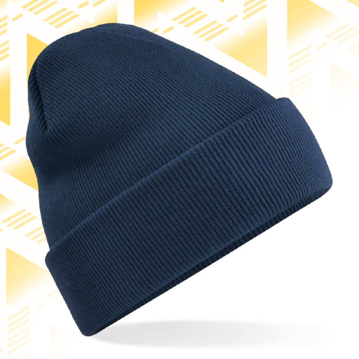 Tails FC Navy blue beanie on a white background with a yellow geometric pattern