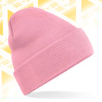 Tails FC Pink beanie hat on a white background with a yellow geometric pattern
