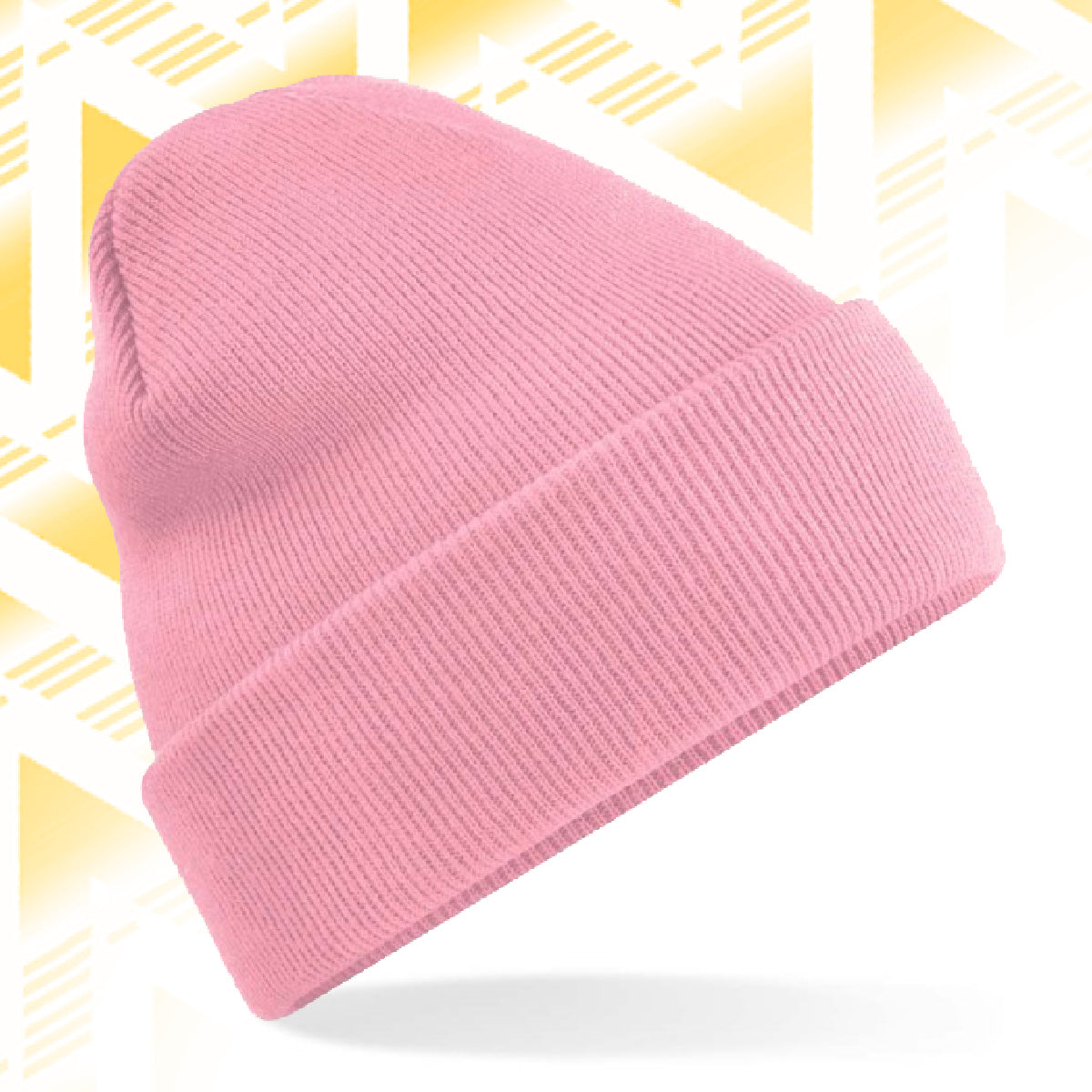 Tails FC Pink beanie hat on a white background with a yellow geometric pattern