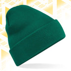 Tails FC Green beanie on a white background with a yellow geometric pattern