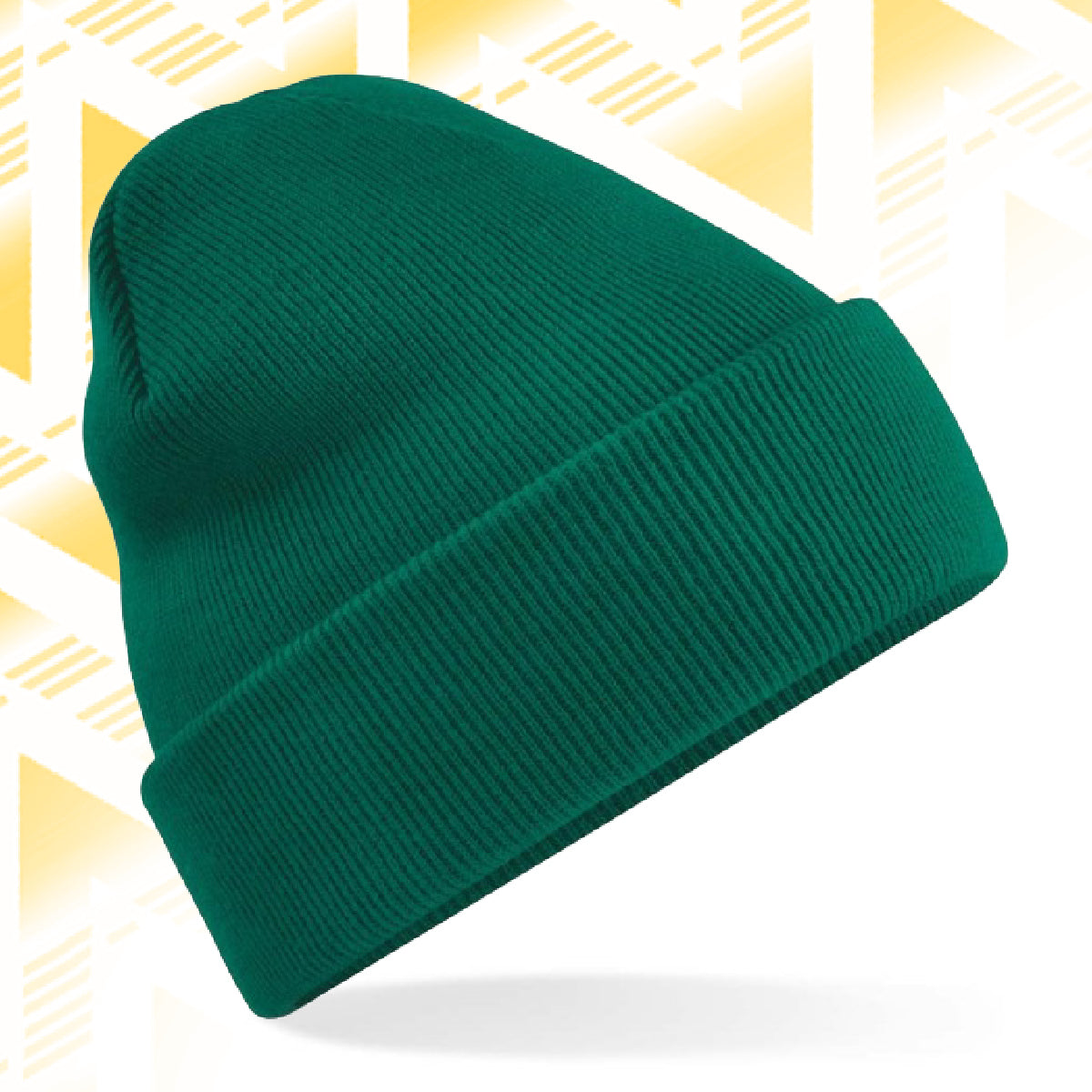 Tails FC Green beanie on a white background with a yellow geometric pattern