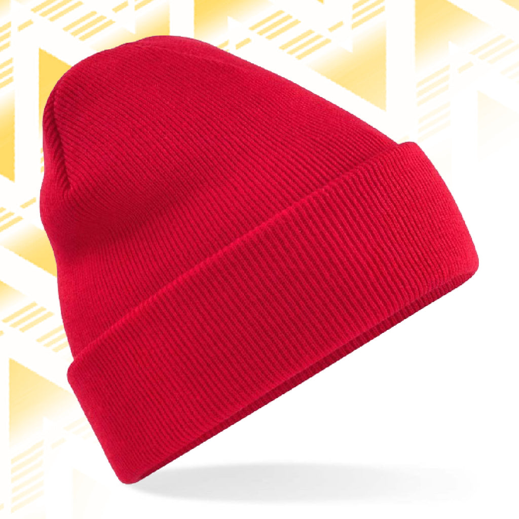 Tails FC Red beanie hat on a white background with a yellow geometric pattern