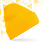 Tails FC Yellow beanie on a white background with geometric patterns
