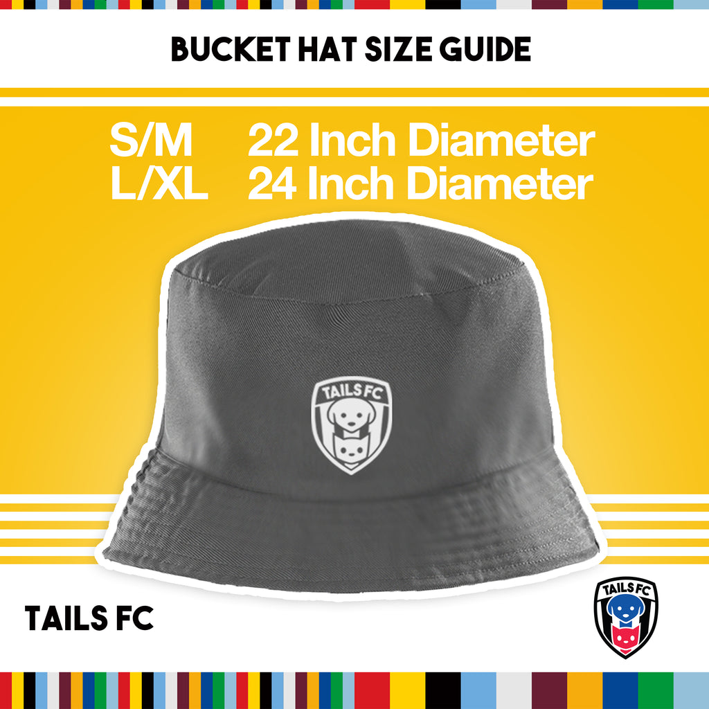 Gray bucket hat with TAILS FC logo on a yellow background with size guide text.