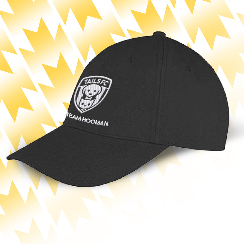 Tails FC Black cap with Team Hooman logo and text on a yellow and white abstract background