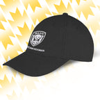 Tails FC Black cap with Team Hooman logo and text on a yellow and white abstract background