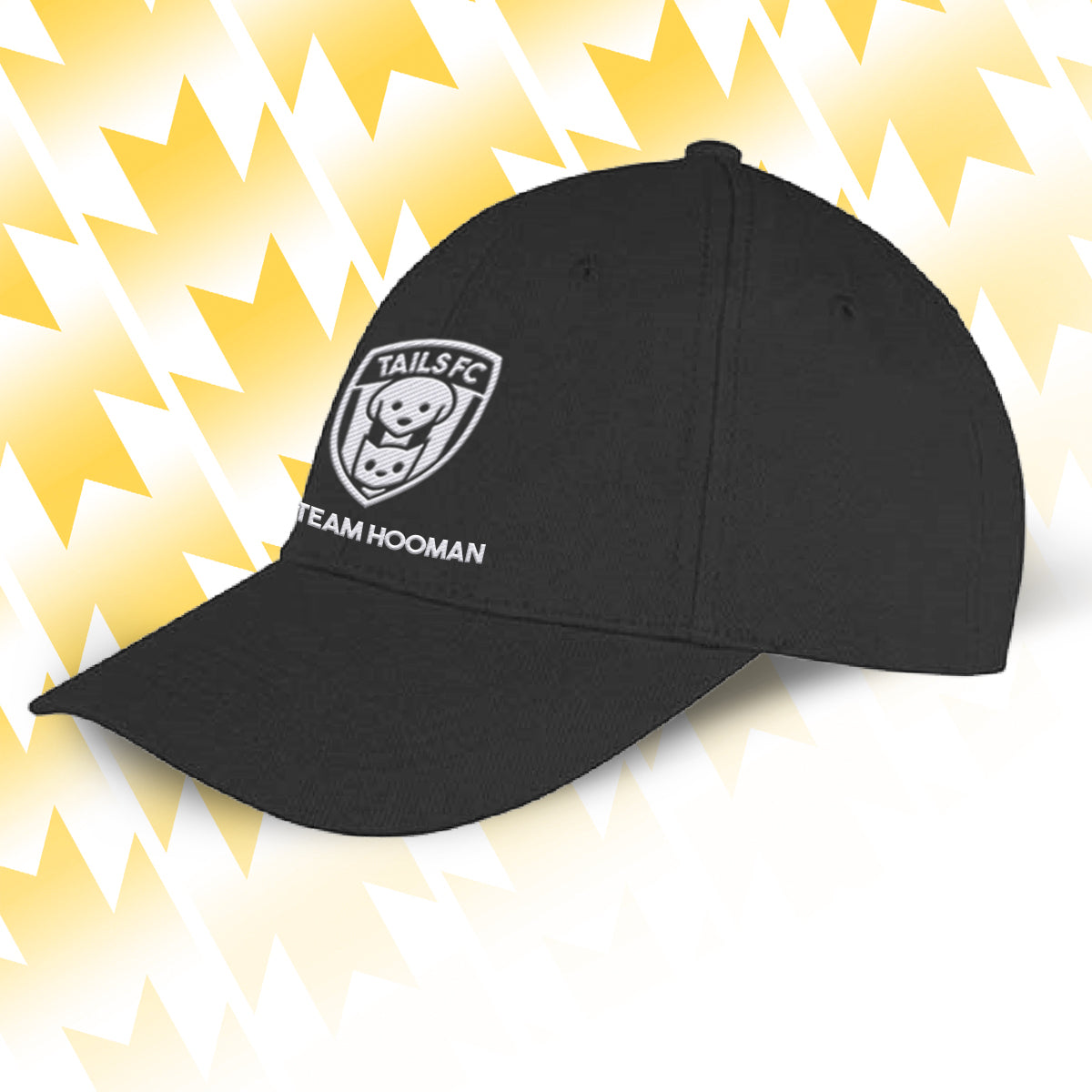 Tails FC Black cap with Team Hooman logo and text on a yellow and white abstract background