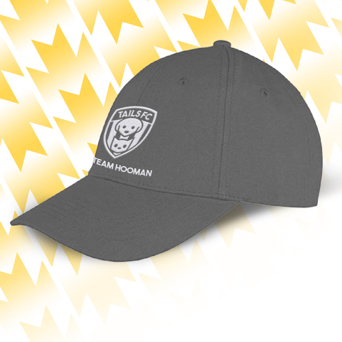 Tails FC Gray cap with logo and text on a yellow and white abstract background