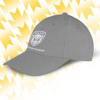 Tails FC Gray cap with logo and text on a yellow and white abstract background