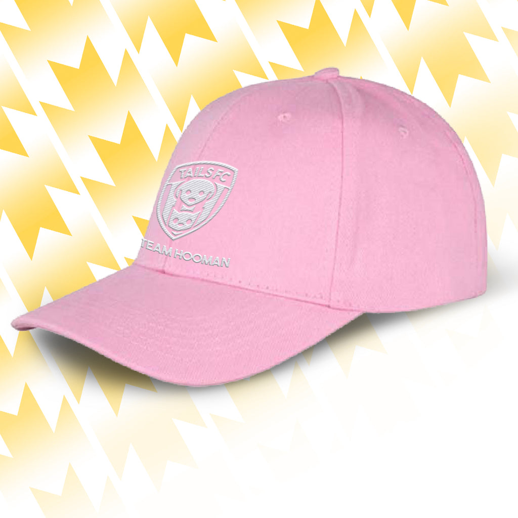 Tails FC Pink cap with Team Hooman logo on a yellow and white background