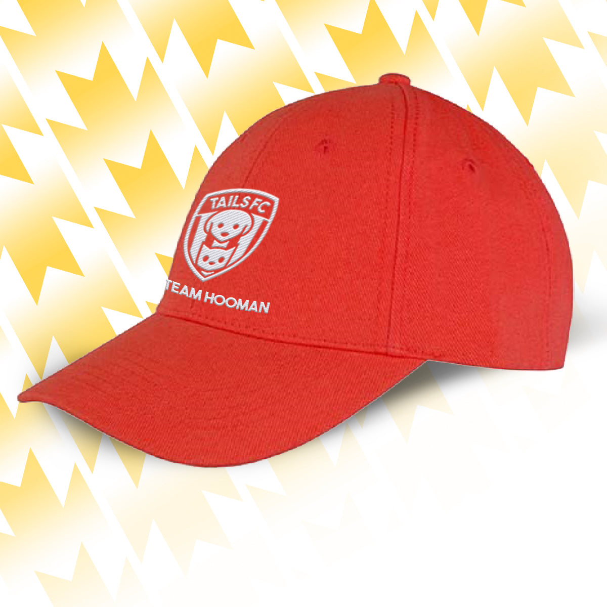 Tails FC Red cap with Team Hooman logo and text on a yellow and white background