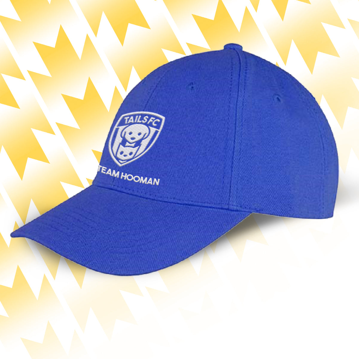 Tails FC Blue cap with Team Hooman logo and text on a yellow and white abstract background