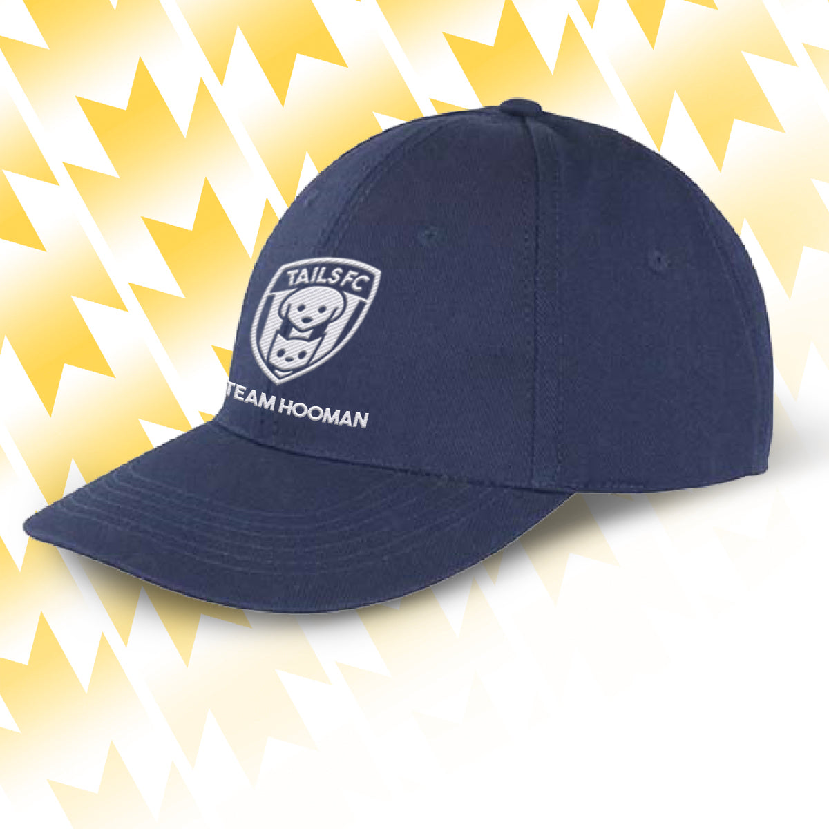 Tails FC Navy blue cap with Team Hooman logo and text on a yellow and white abstract background