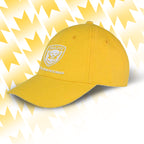 Tails FC Yellow cap with Team Hooman logo on a yellow and white abstract background