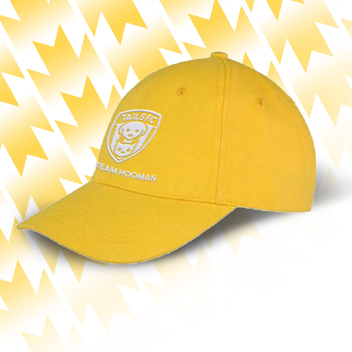 Tails FC Yellow cap with Team Hooman logo on a yellow and white abstract background