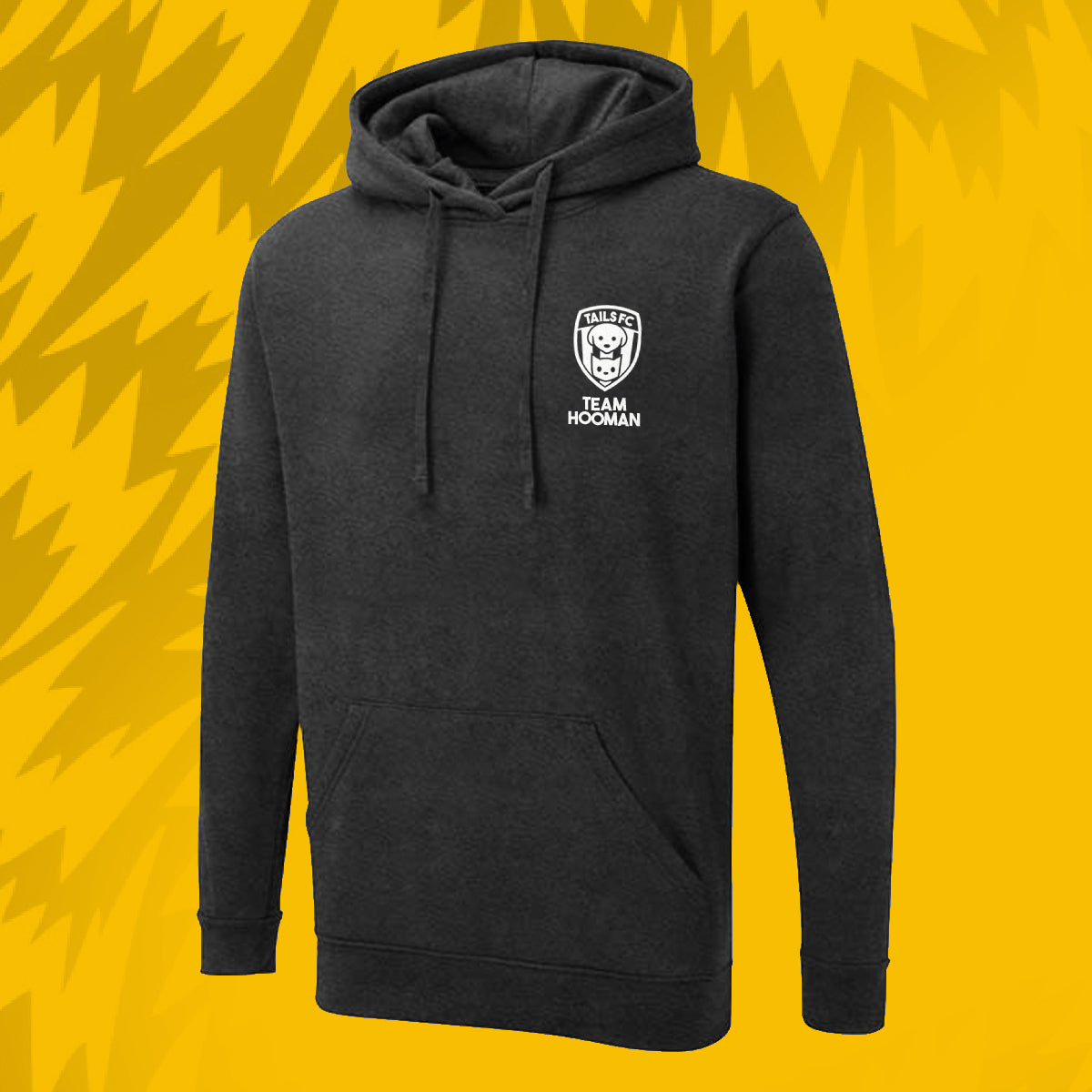 Tails FC Black hoodie with 'Team Hooman' text and logo on a green and white abstract background