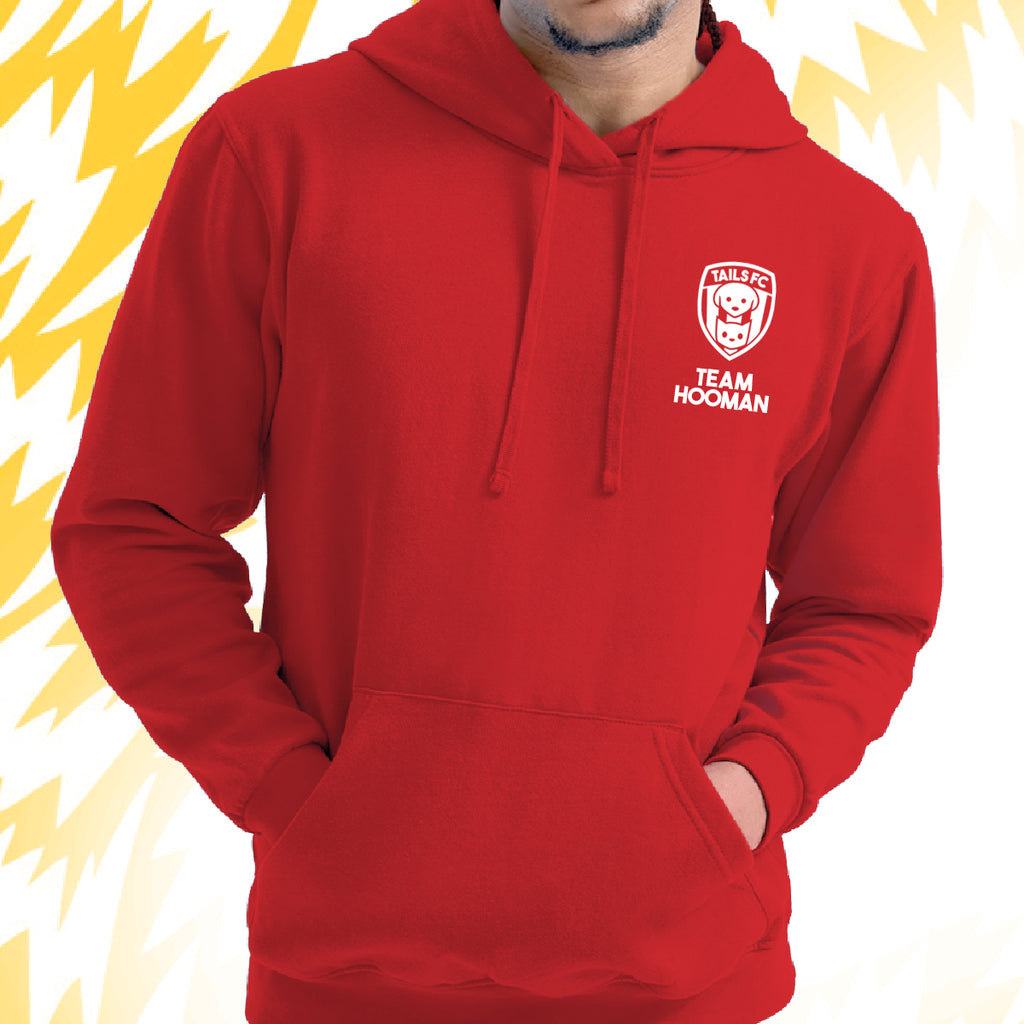 Tails FC Red hoodie with Team Hooman logo and text on a yellow and white background