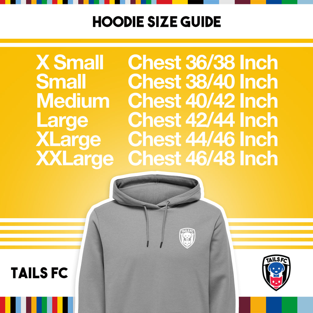 Hoodie size guide with gray hoodie and TAILS FC branding on a yellow background