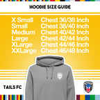 Hoodie size guide with gray hoodie and TAILS FC branding on a yellow background
