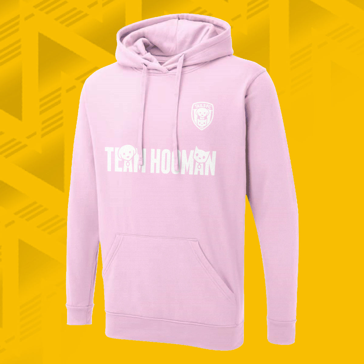 Tails FC Pink hoodie with 'Team Hooman' text on a yellow geometric pattern background