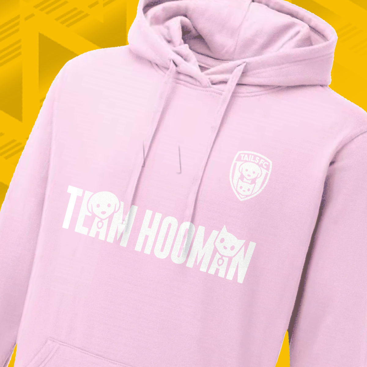 Tails FC Pink hoodie with 'Team Hooman' text and logo on a yellow background