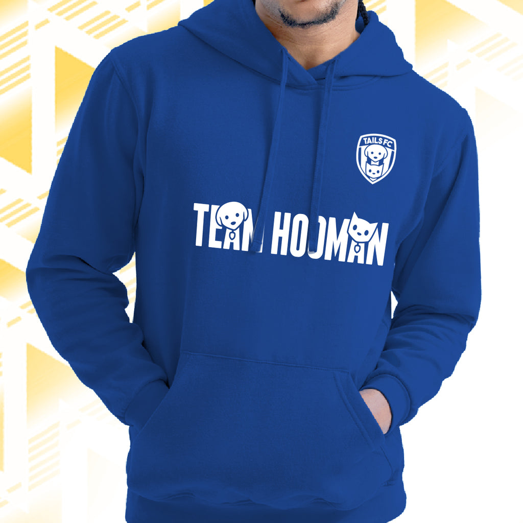 Tails FC Blue hoodie with 'Team Hooman' text and logo on a white background