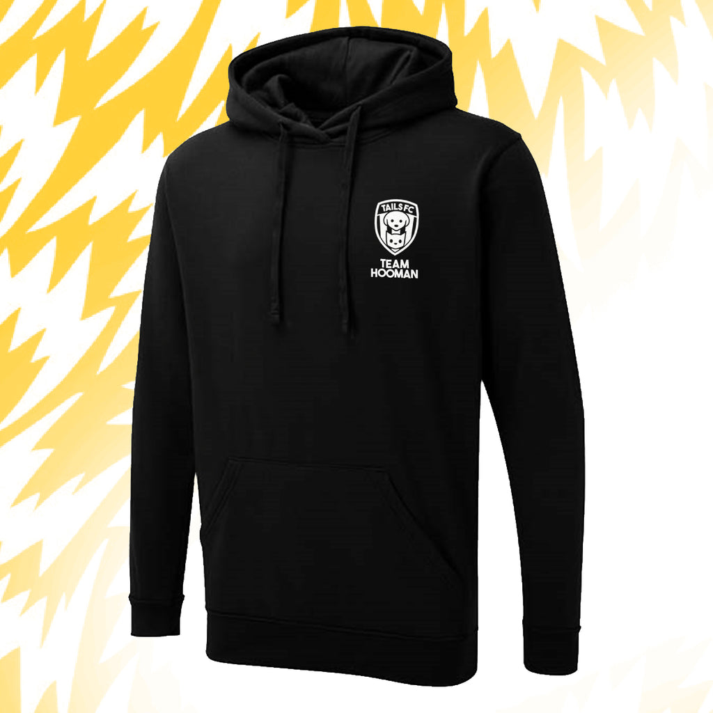 Tails FC Black hoodie with Team Hooman logo on a yellow and white background