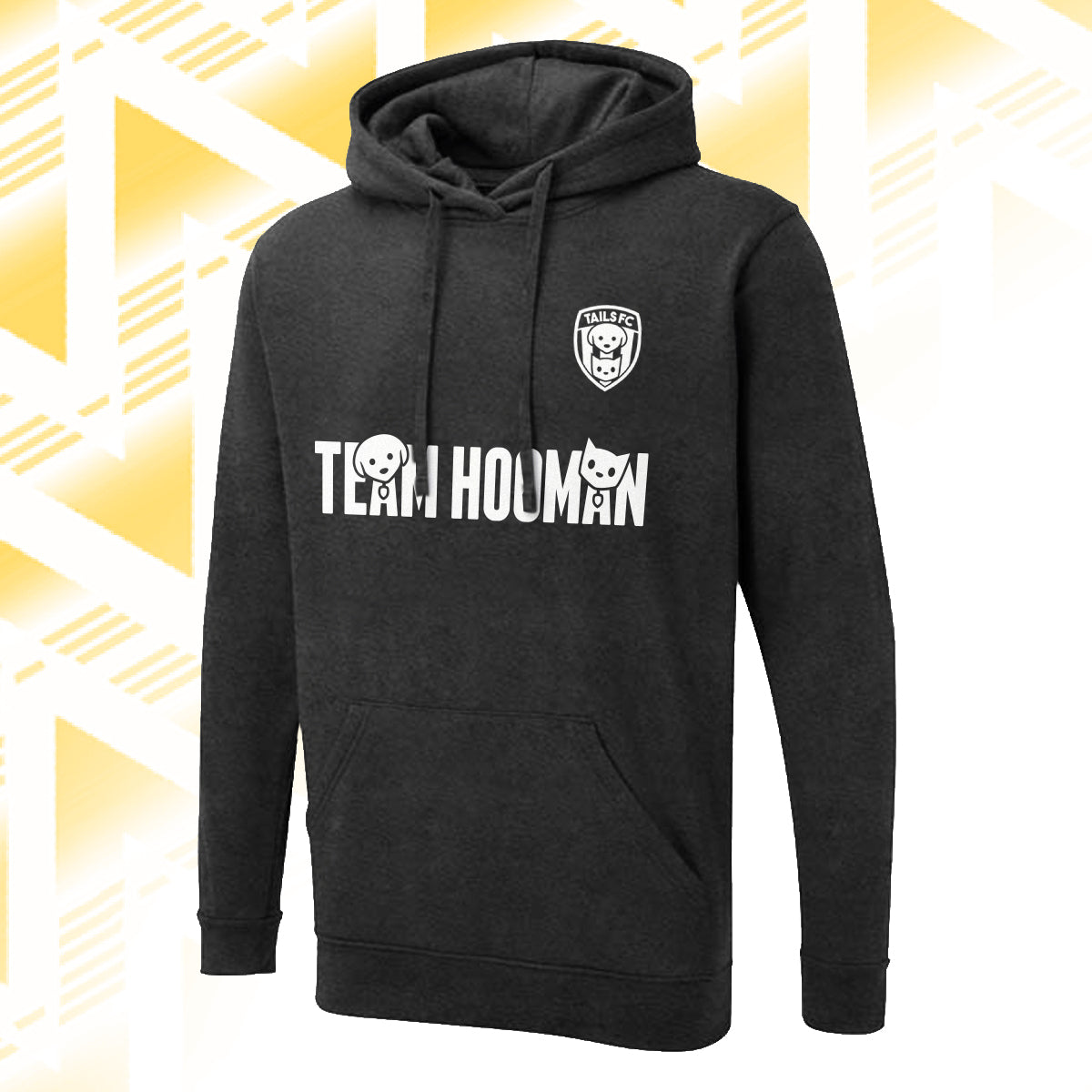 Tails FC Black hoodie with 'Team Hooman' text and logo on a yellow geometric pattern background