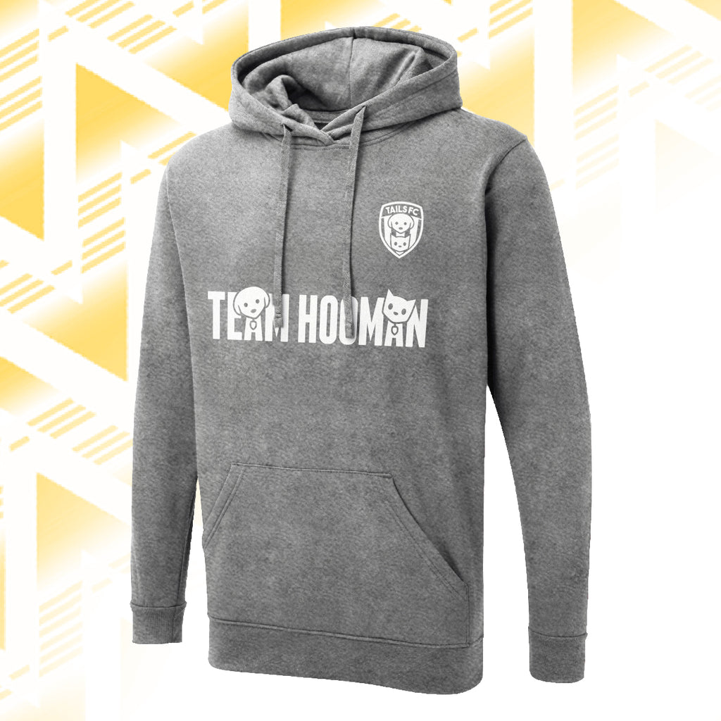Tails FC Gray hoodie with 'Team Hooman' text and logo on a yellow geometric pattern background