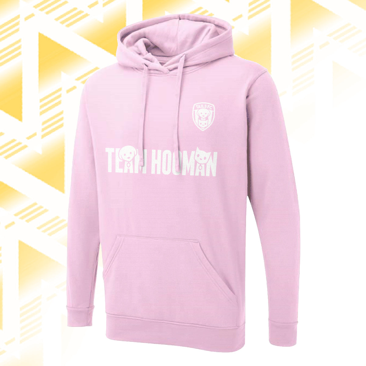Tails FC Pink hoodie with 'Team Hooman' text and logo on a yellow geometric pattern background