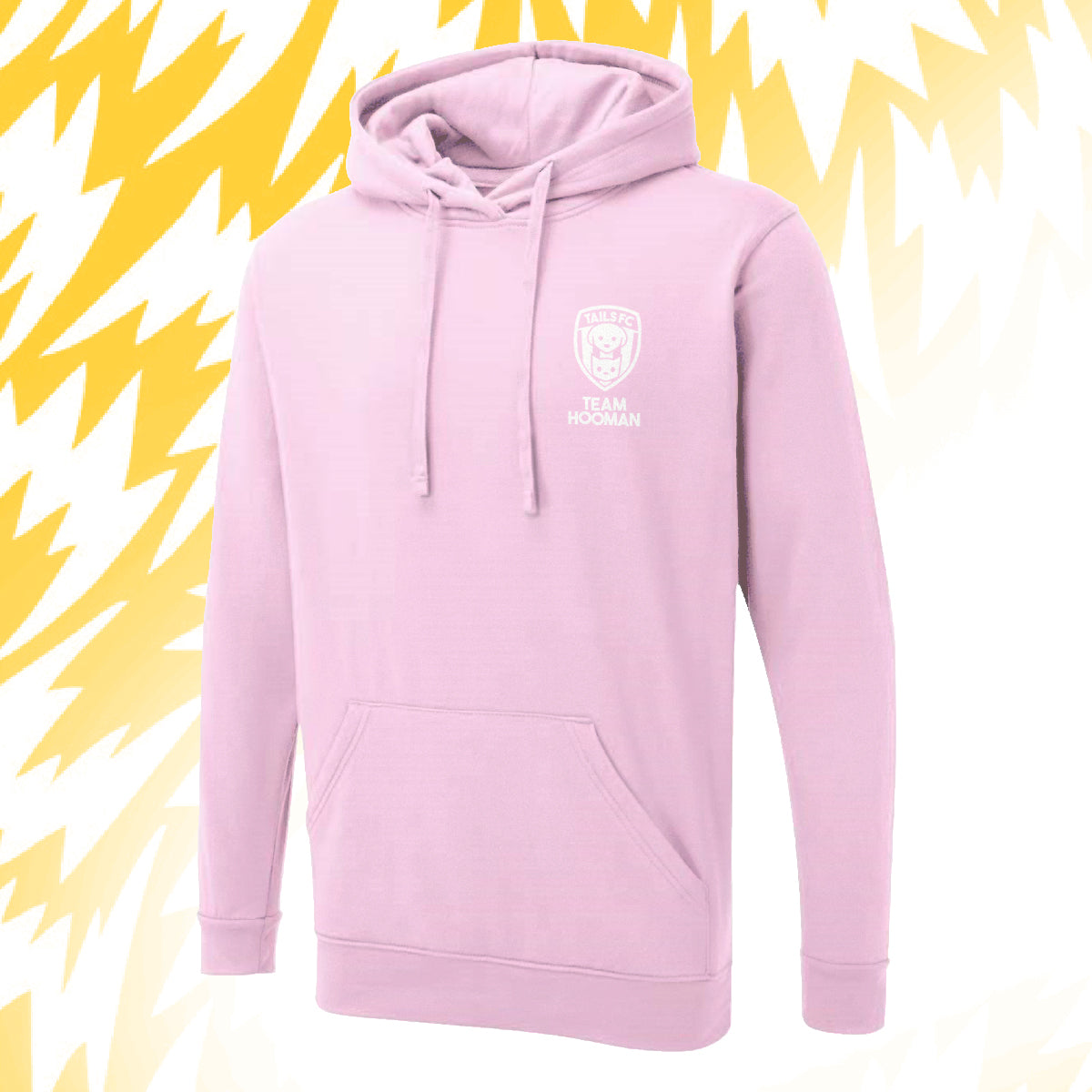 Tails FC Pink hoodie with Team Hooman logo on a yellow and white striped background
