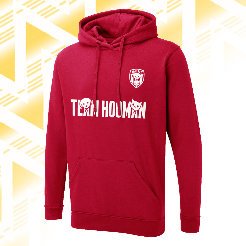 Tails FC Red hoodie with 'Team Hooman' text and logo on a white background