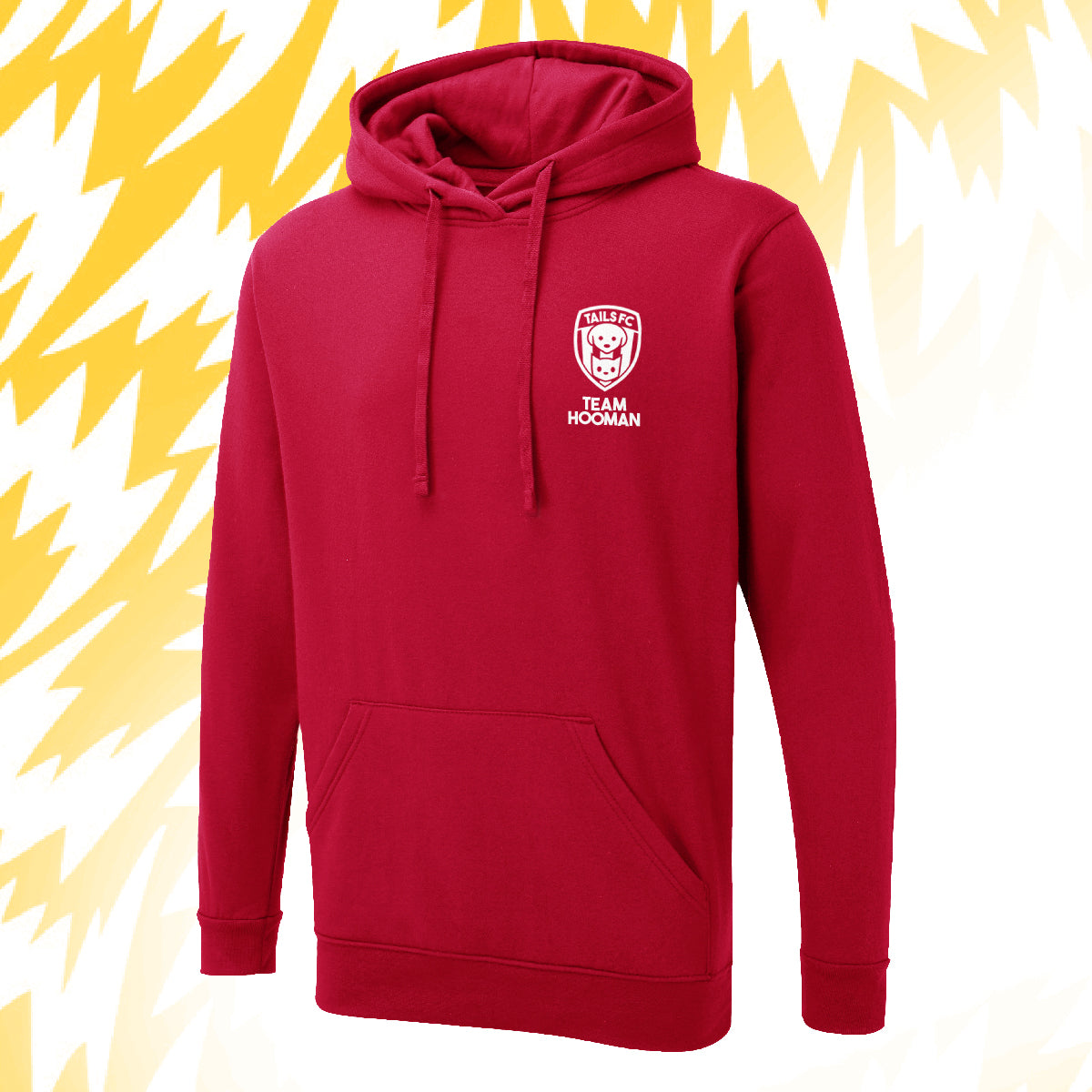 Tails FC Red hoodie with Team Hooman logo on a white background