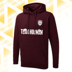 Tails FC Maroon hoodie with 'Team Hooman' text and logo on a gold geometric background