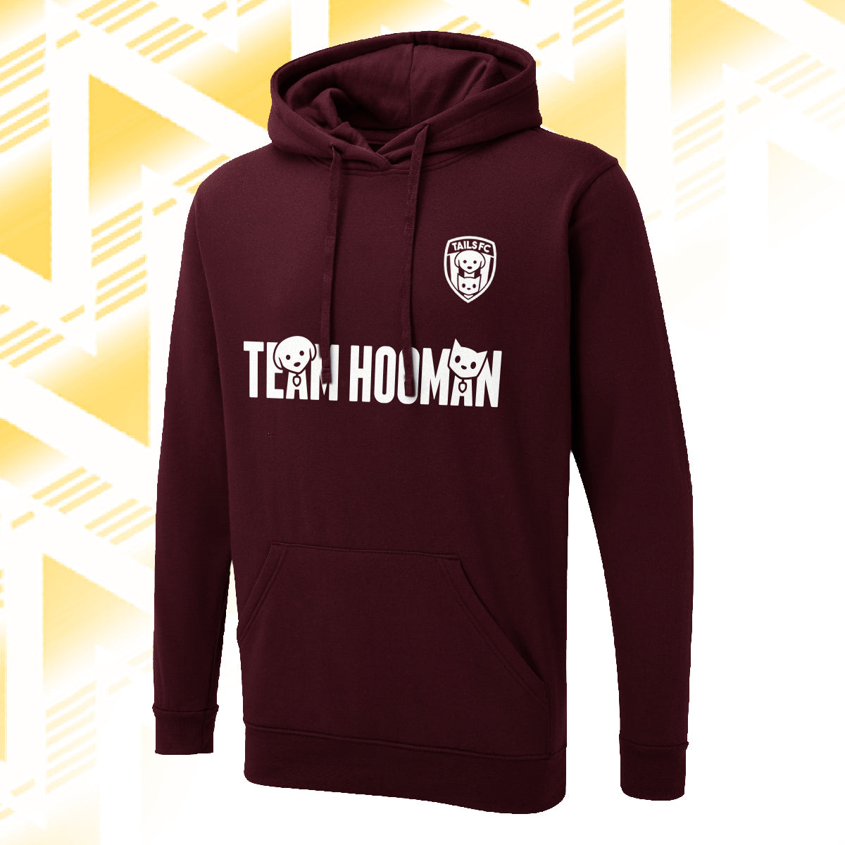 Tails FC Maroon hoodie with 'Team Hooman' text and logo on a gold geometric background