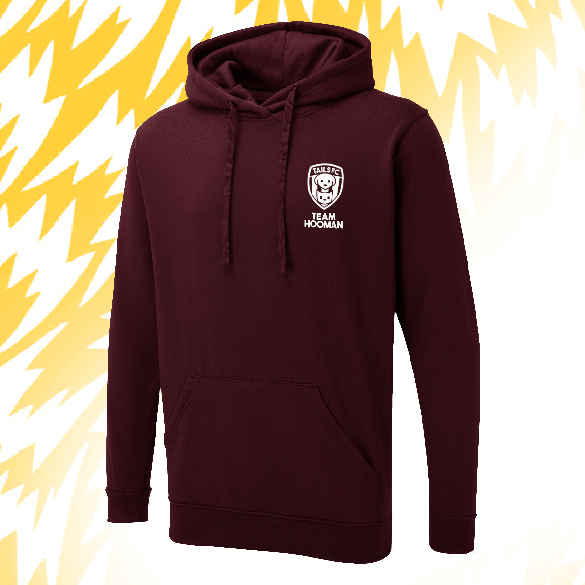 Tails FC Maroon hoodie with Team Hooman logo on a yellow and white background