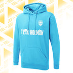 Tails FC Blue hoodie with 'Team Hooman' text and logo on a yellow geometric pattern background