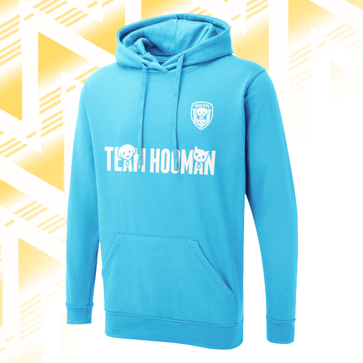 Tails FC Blue hoodie with 'Team Hooman' text and logo on a yellow geometric pattern background
