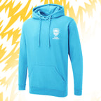 Tails FC Blue hoodie with Team Hooman logo and text on a yellow and white striped background