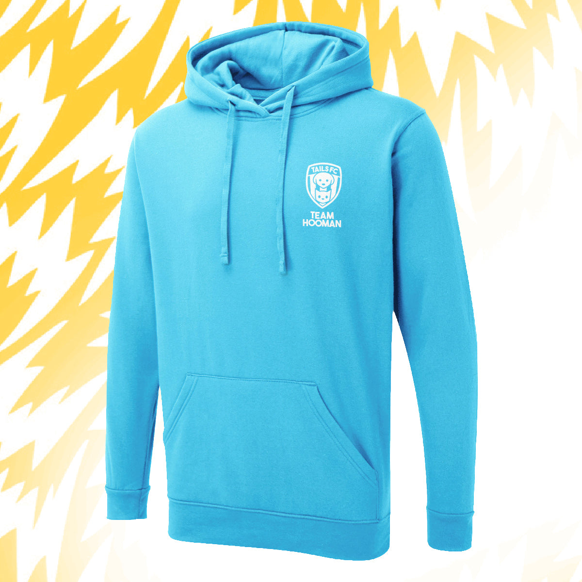 Tails FC Blue hoodie with Team Hooman logo and text on a yellow and white striped background