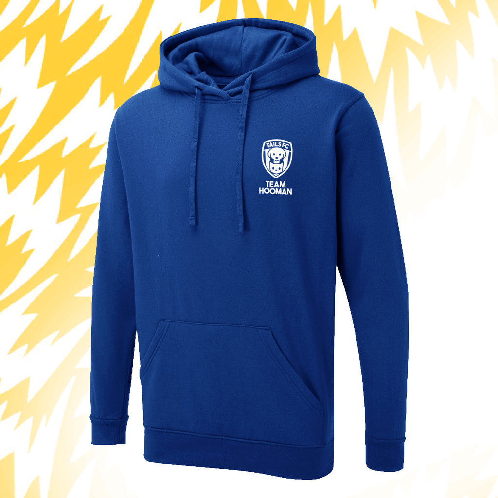 Tails FC Blue hoodie with Team Hooman logo on a yellow and white background